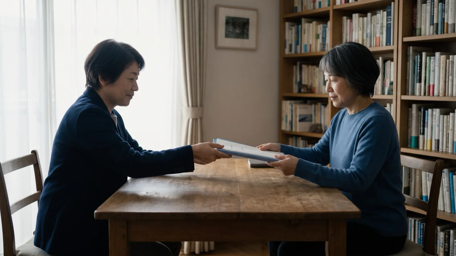 Two people passing a document folder across a desk