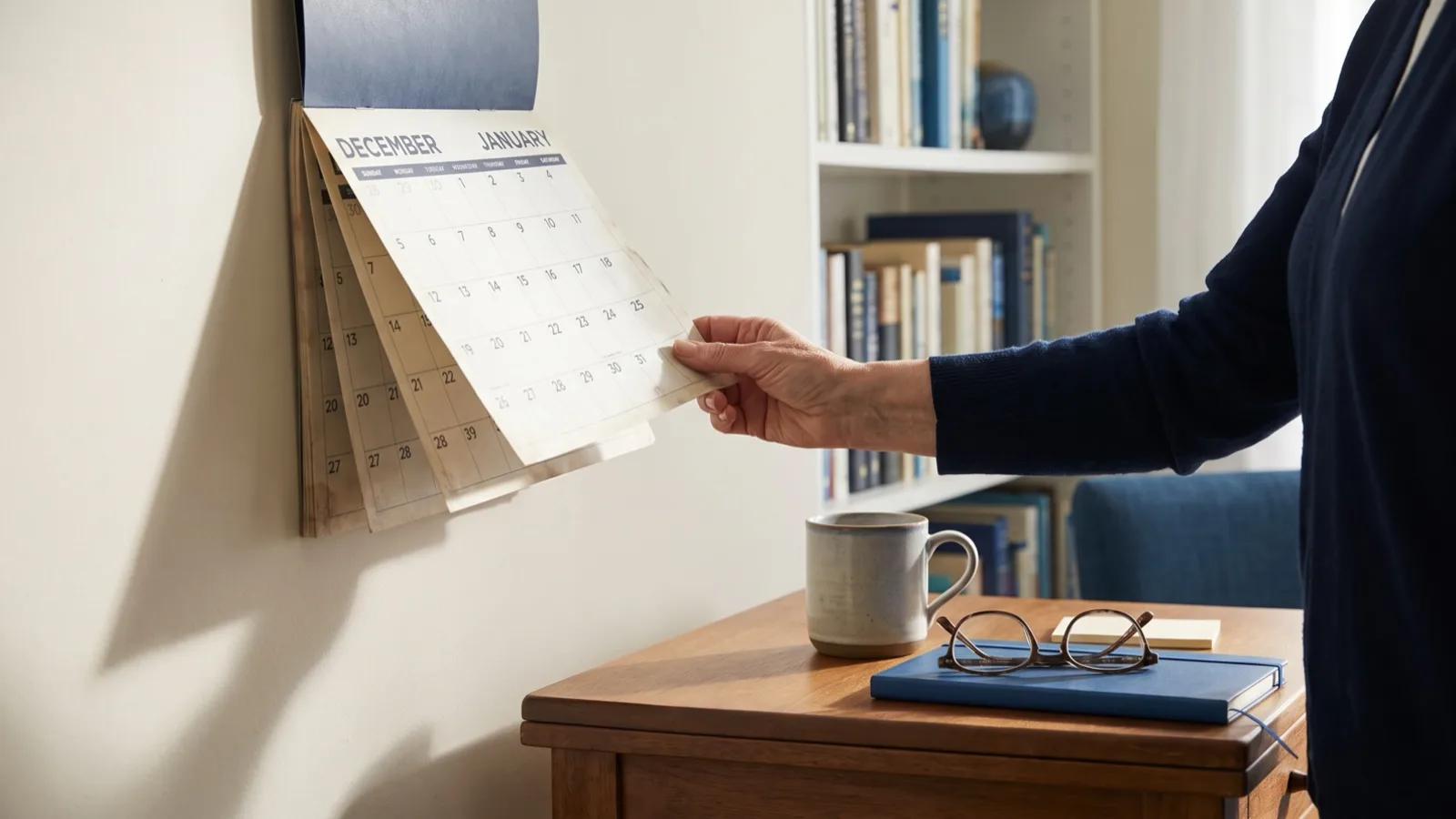 A hand turning a wall calendar page in a home office