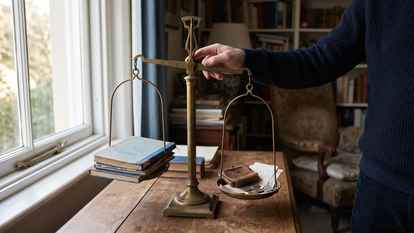 A brass balance scale weighing two sides on a desk