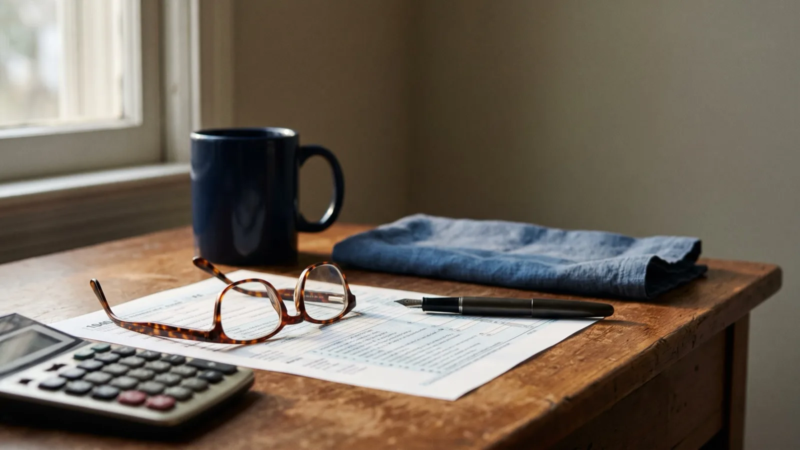 A tax form, pen and calculator on a wooden desk
