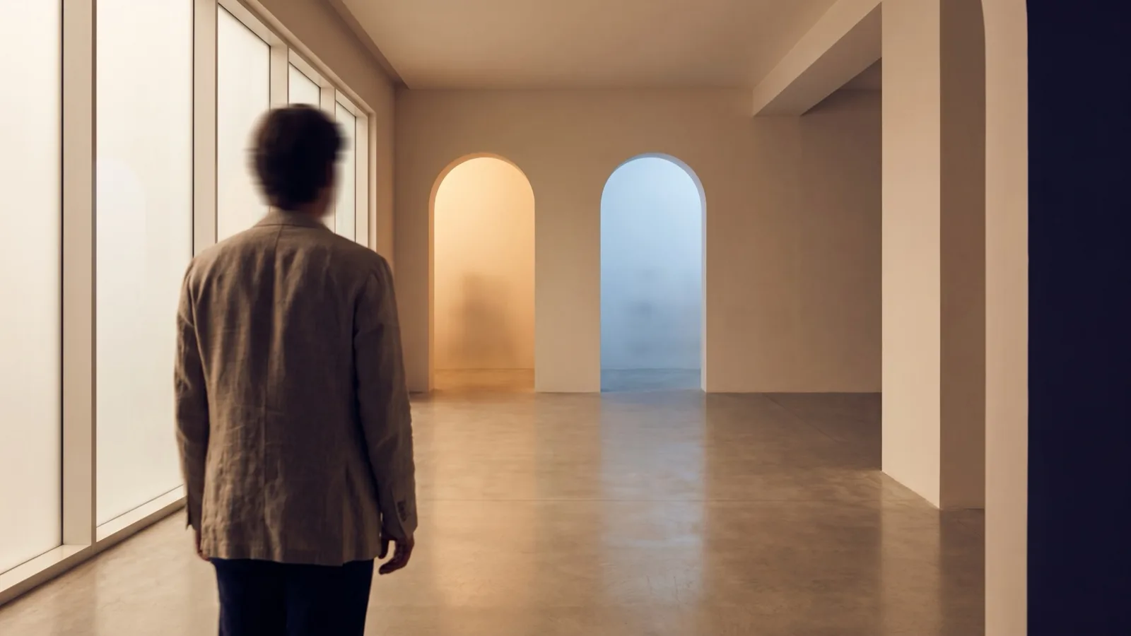 A person facing two lit archways in a bright hallway