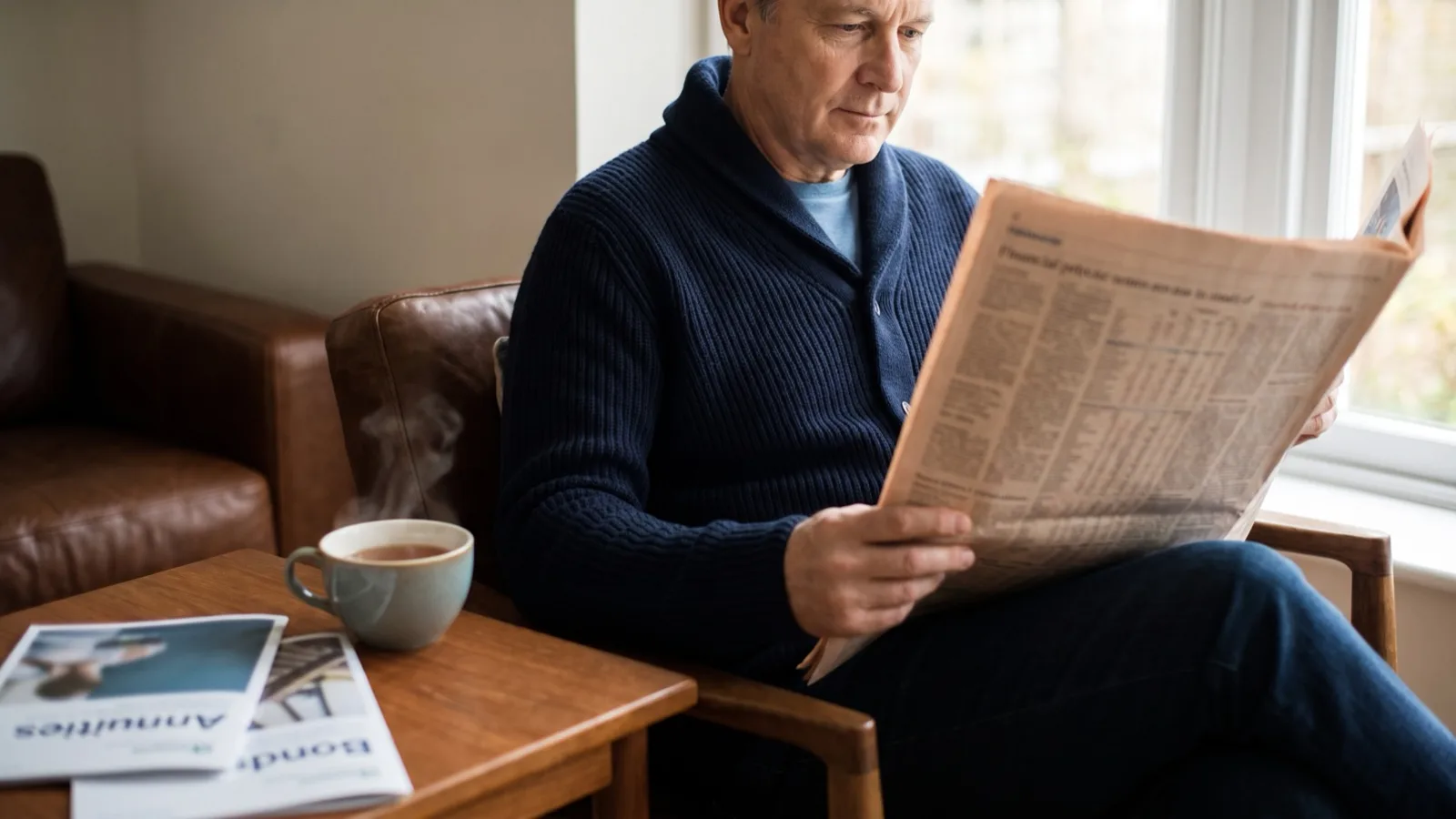 A man reading a financial newspaper by a window