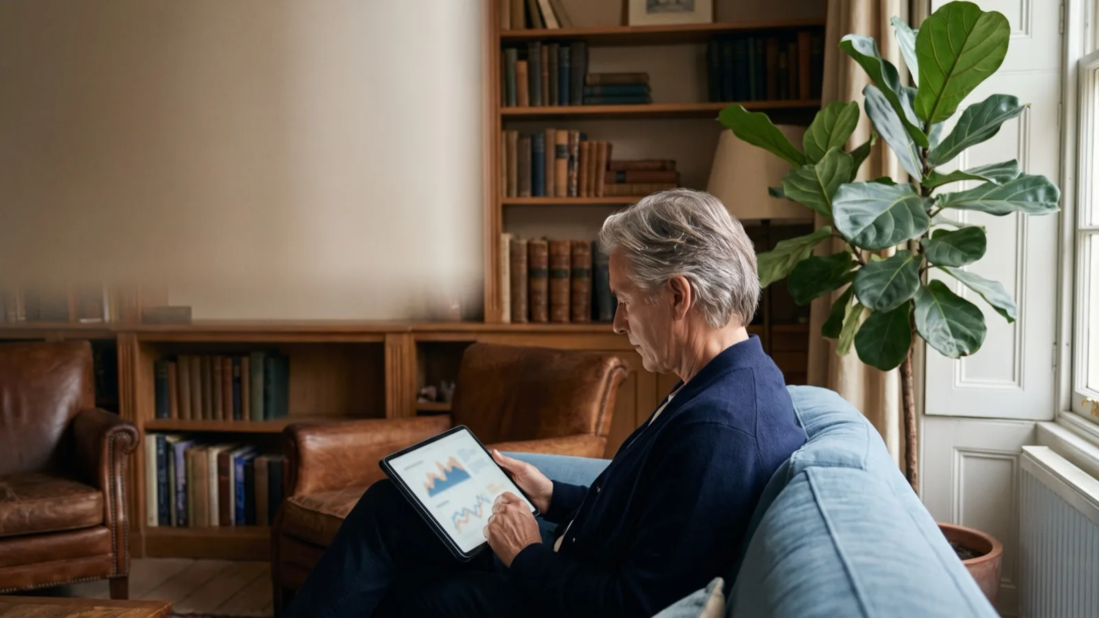 A mature investor reviewing charts on a tablet
