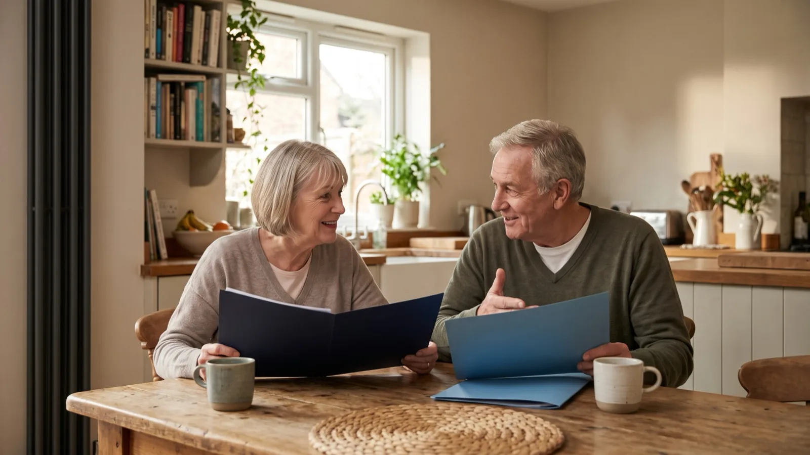 A couple comparing two document folders at a kitchen table