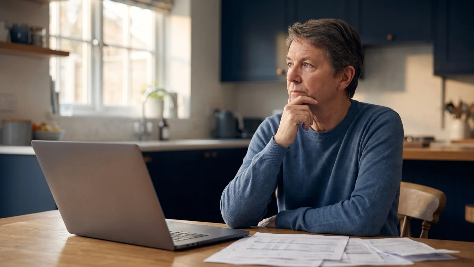 A man reviewing finances on a laptop at home