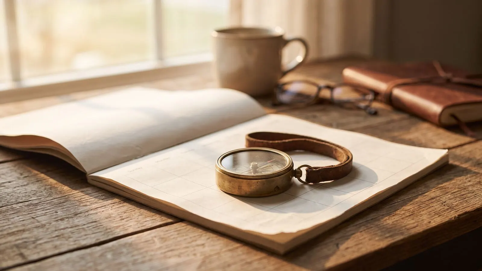A brass compass resting on a paper wall calendar in warm morning light