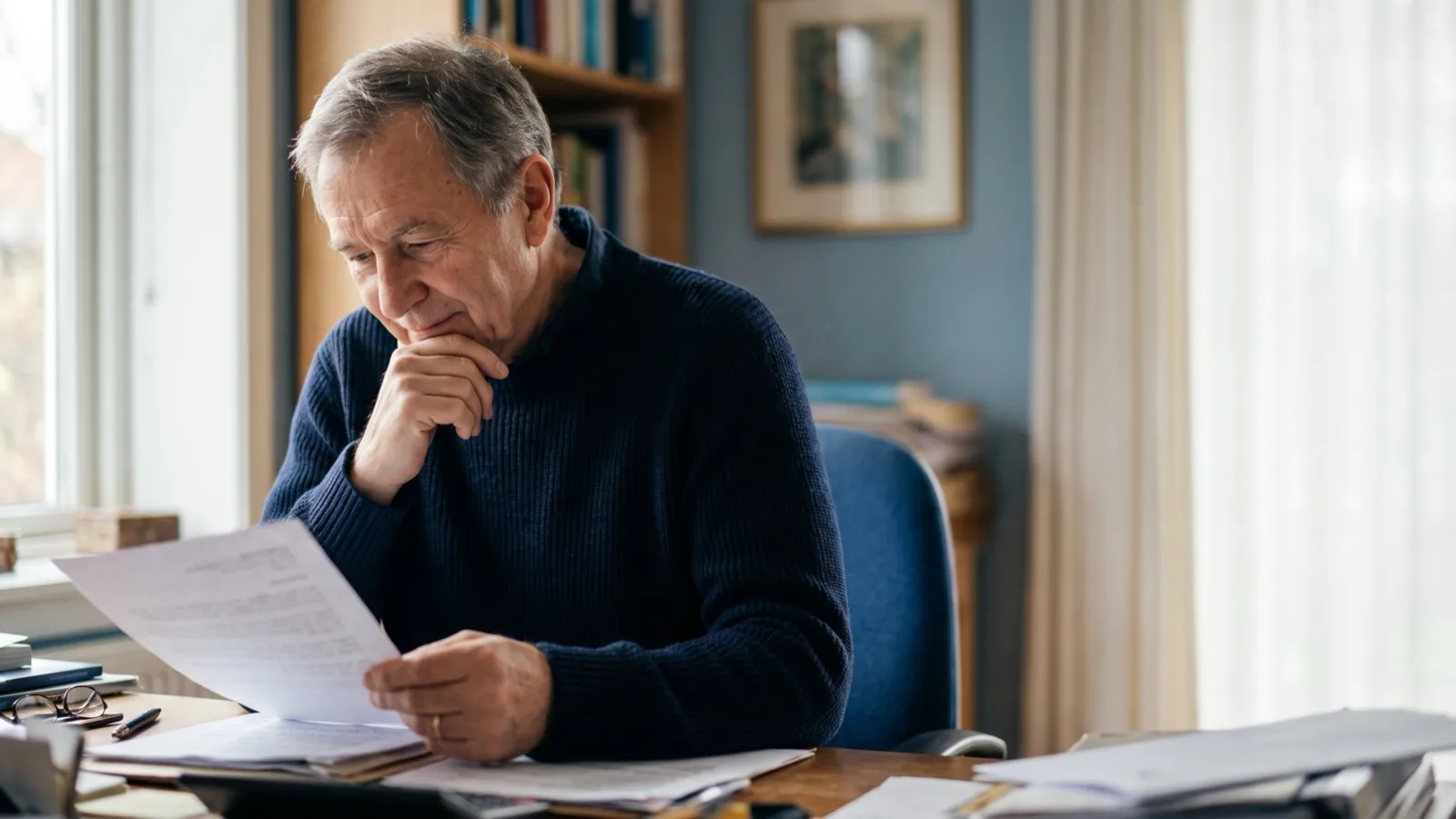 A pensive man studying a paper statement at a desk