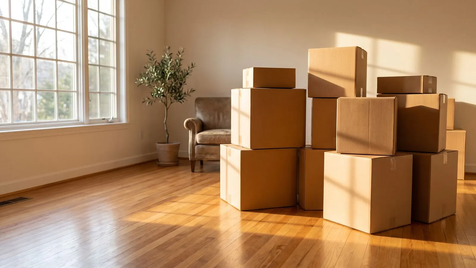 Neatly stacked cardboard moving boxes in a sunlit empty living room