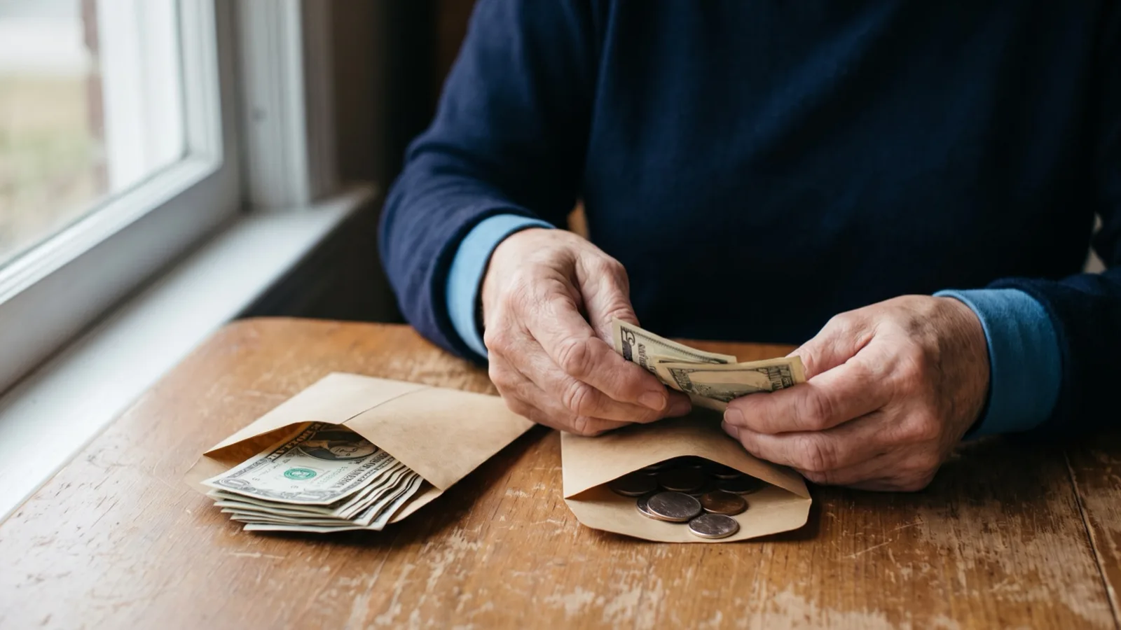 Hands separating cash into two envelopes