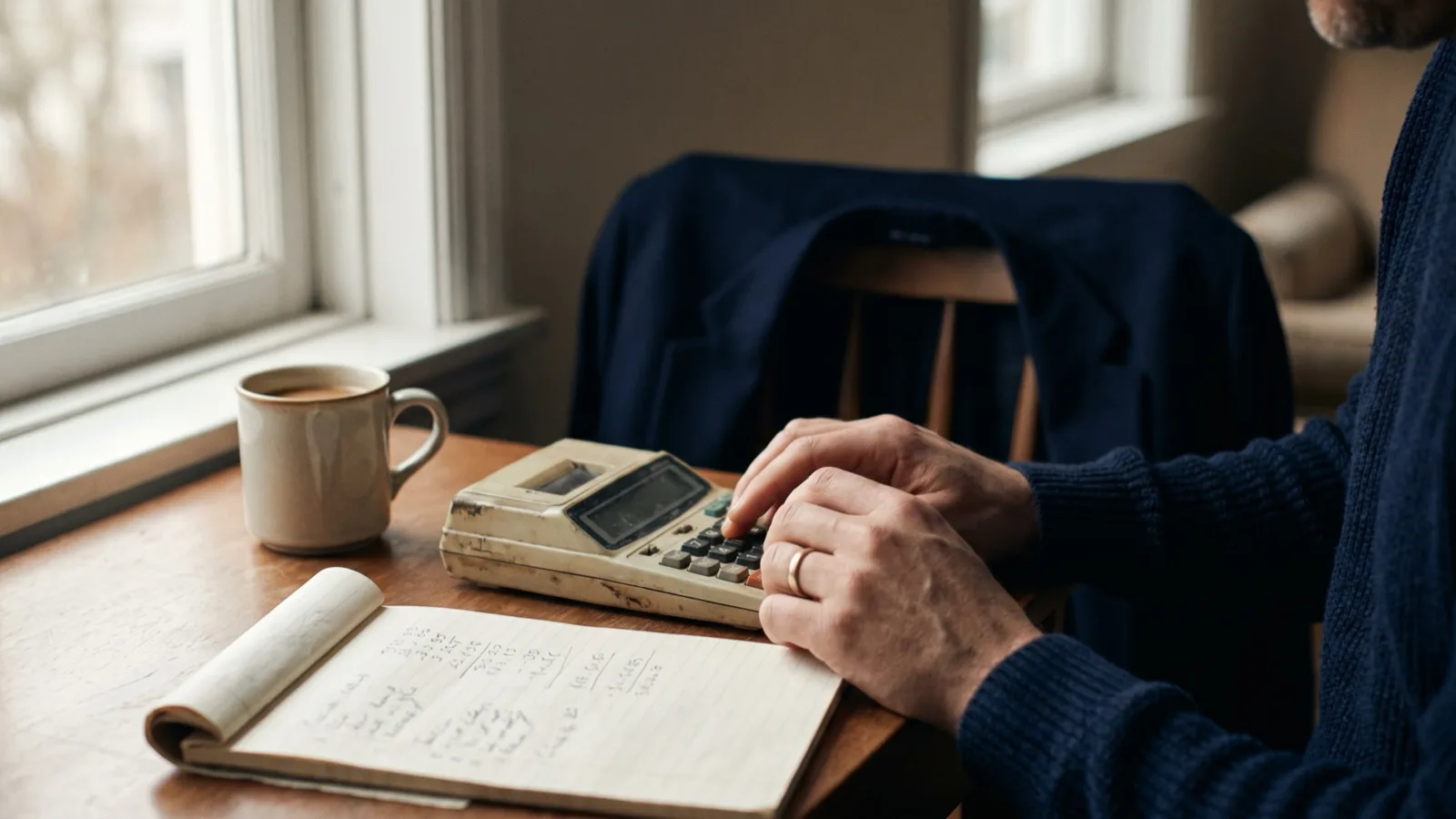 Hands using a calculator beside a notepad of figures