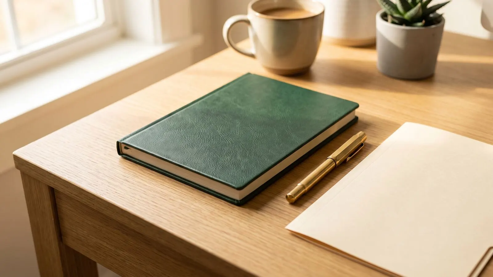 A notebook, pen, and manila folder laid out neatly on a clean desk
