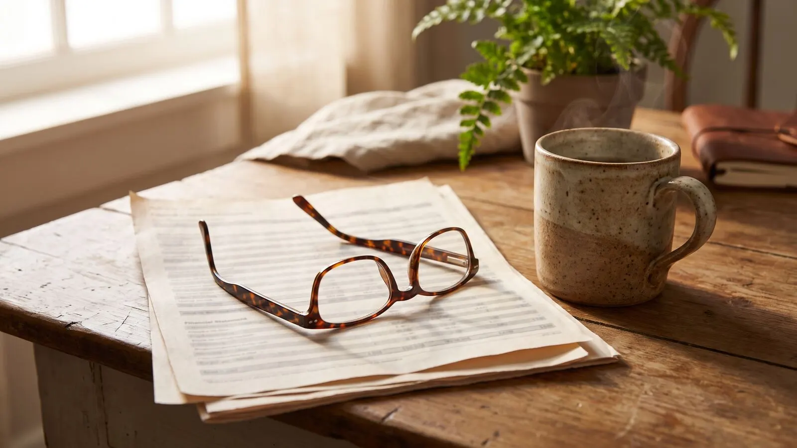 Reading glasses resting on printed financial statements beside a cup of coffee