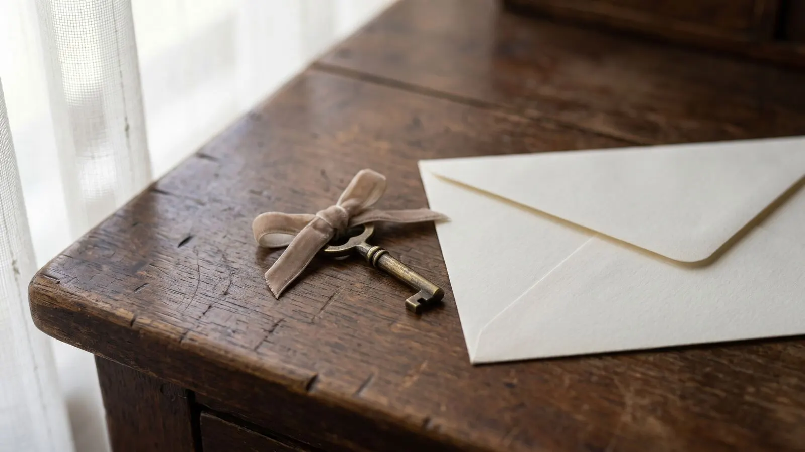 A small brass key on a ribbon beside a sealed envelope on an old wooden desk