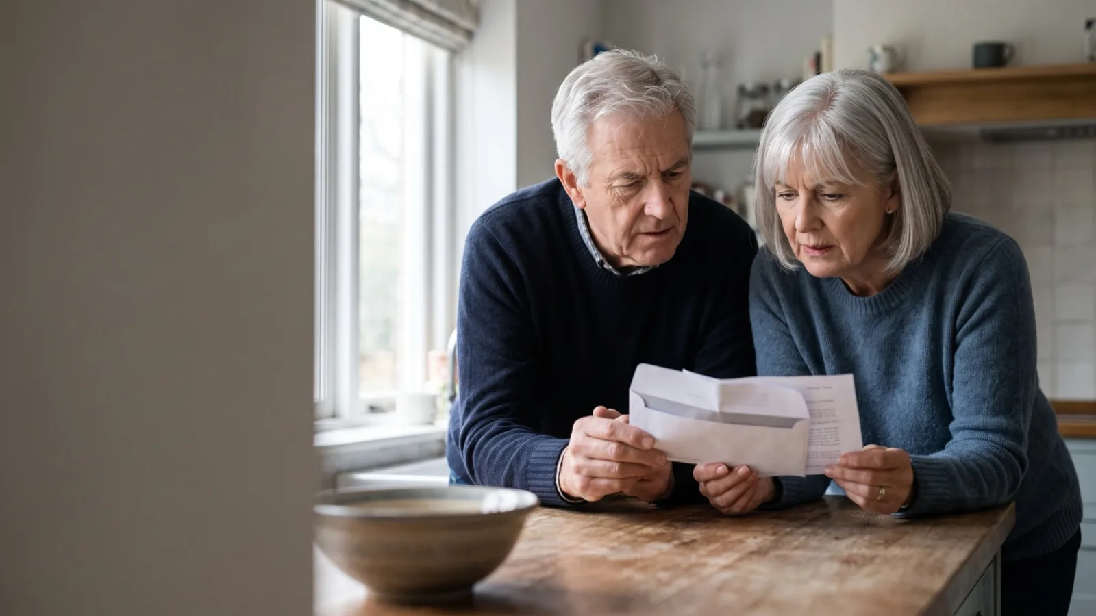 An older couple reading an official letter at home