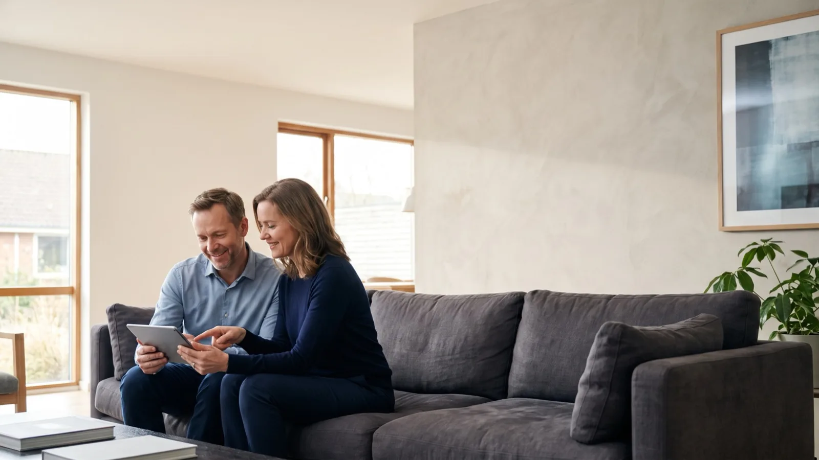A younger couple reviewing paperwork on a sofa