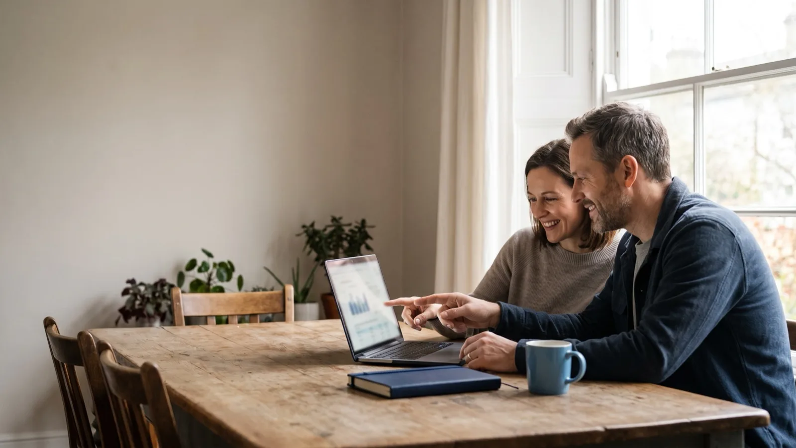 A couple in their forties planning with a laptop