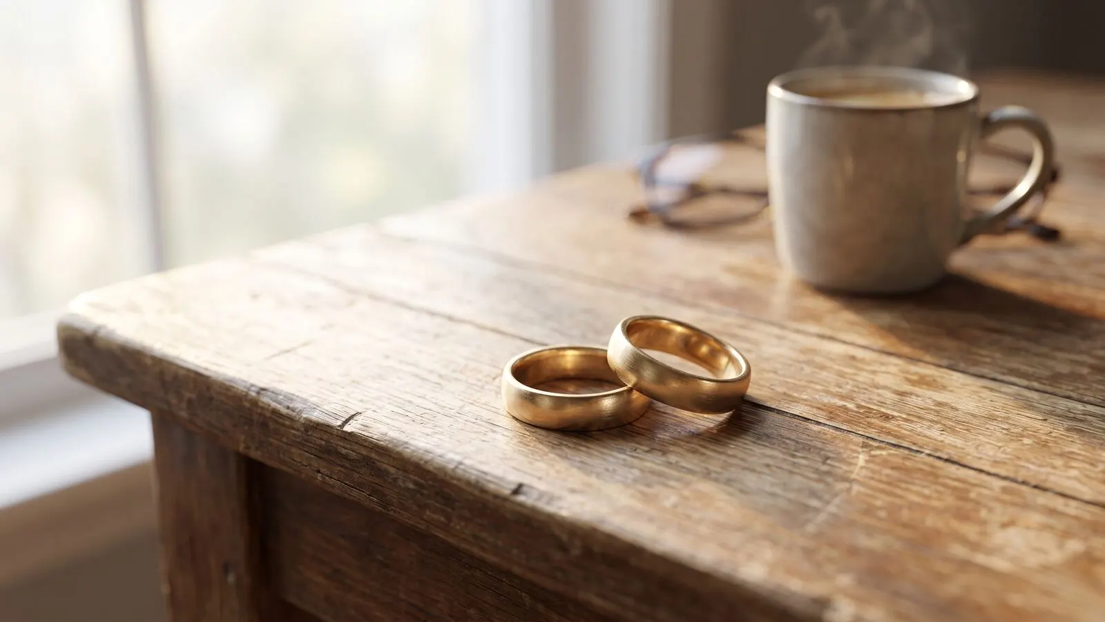Two gold wedding bands side by side on a wooden table in soft window light