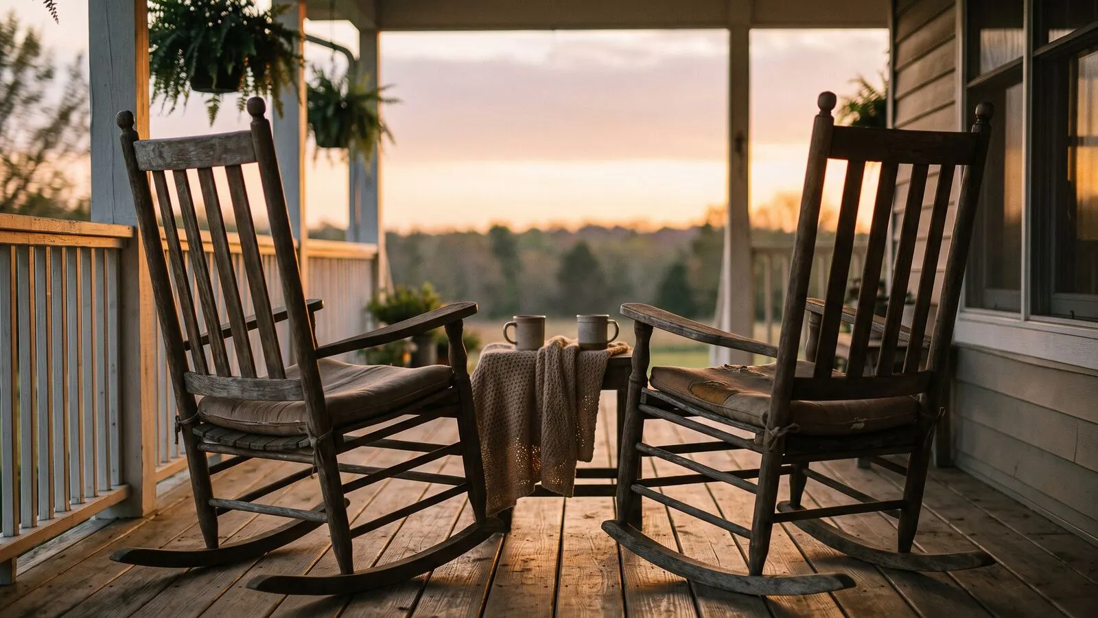 Two empty wooden rocking chairs side by side on a porch at sunset
