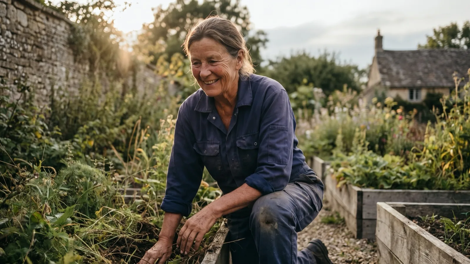 An active older woman gardening in golden light