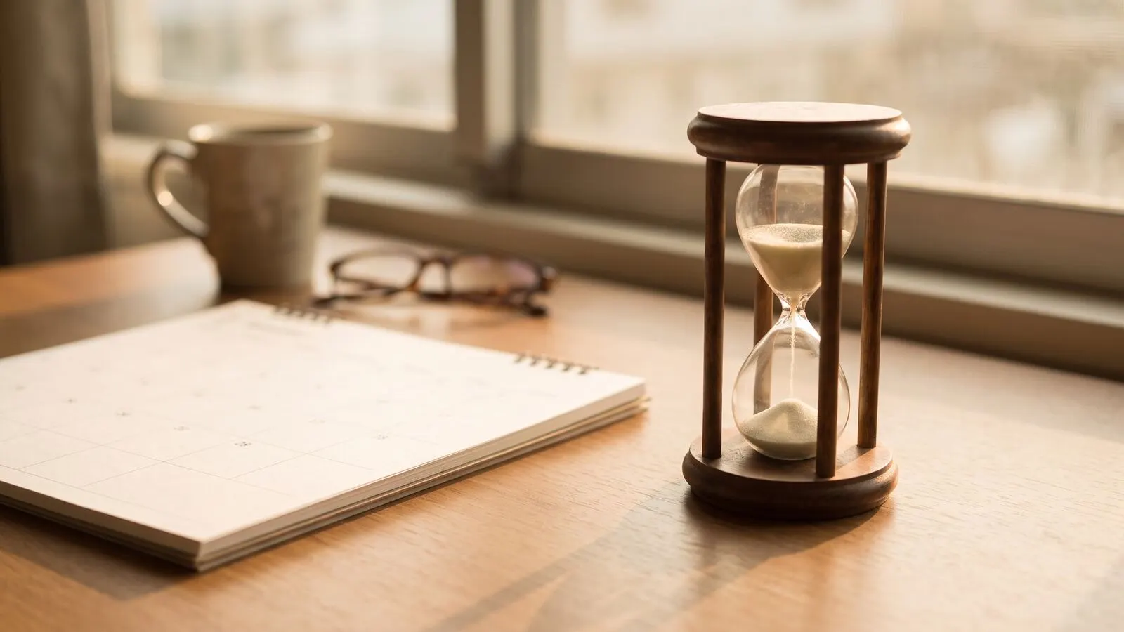 An hourglass beside a paper desk calendar in warm afternoon light