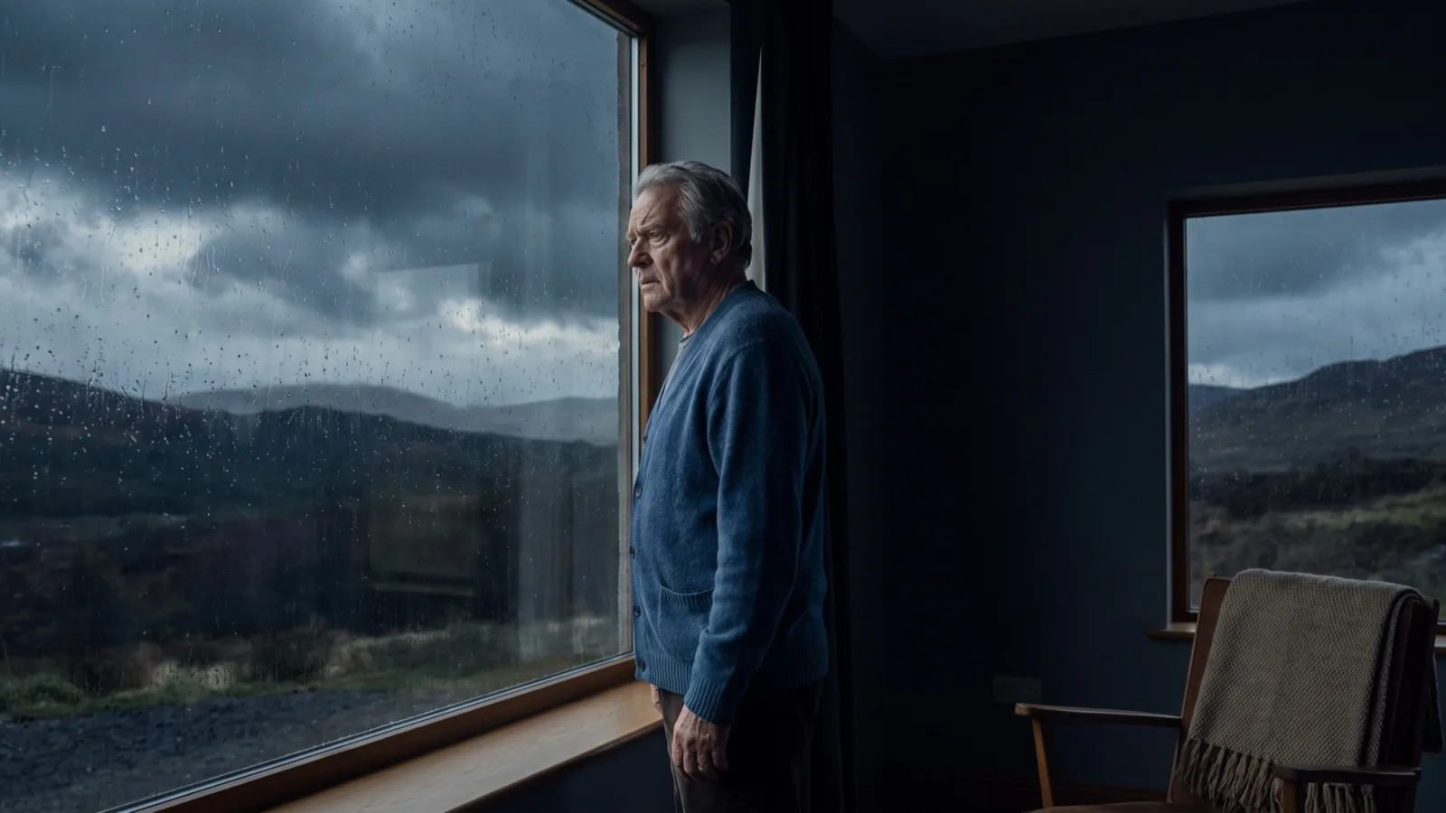 A man at a window watching a stormy sky