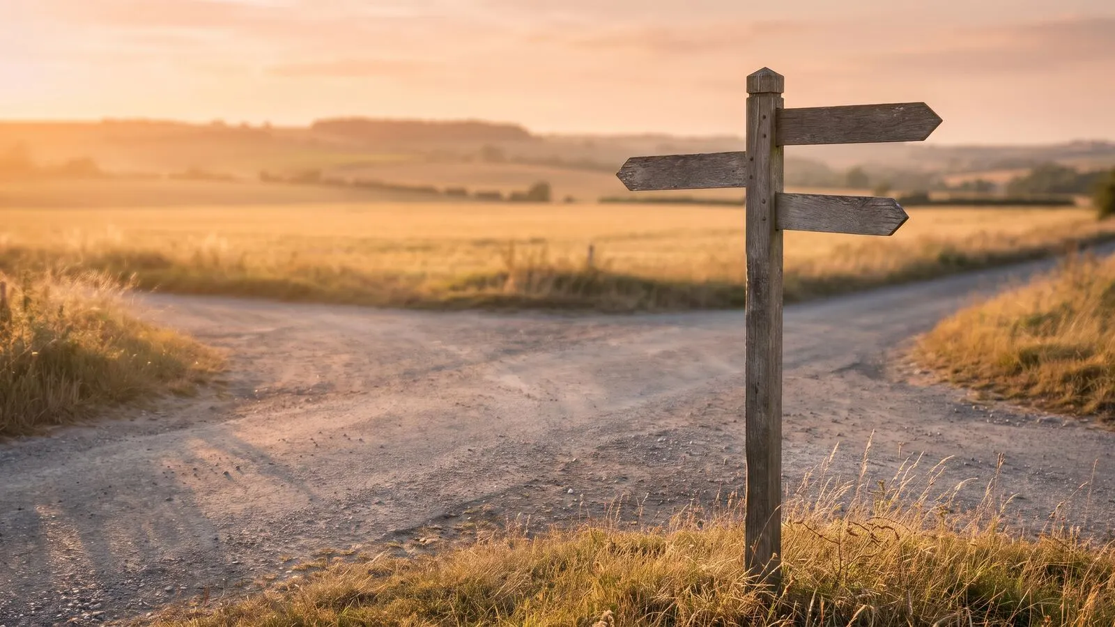 A weathered wooden signpost at a quiet rural crossroads at golden hour
