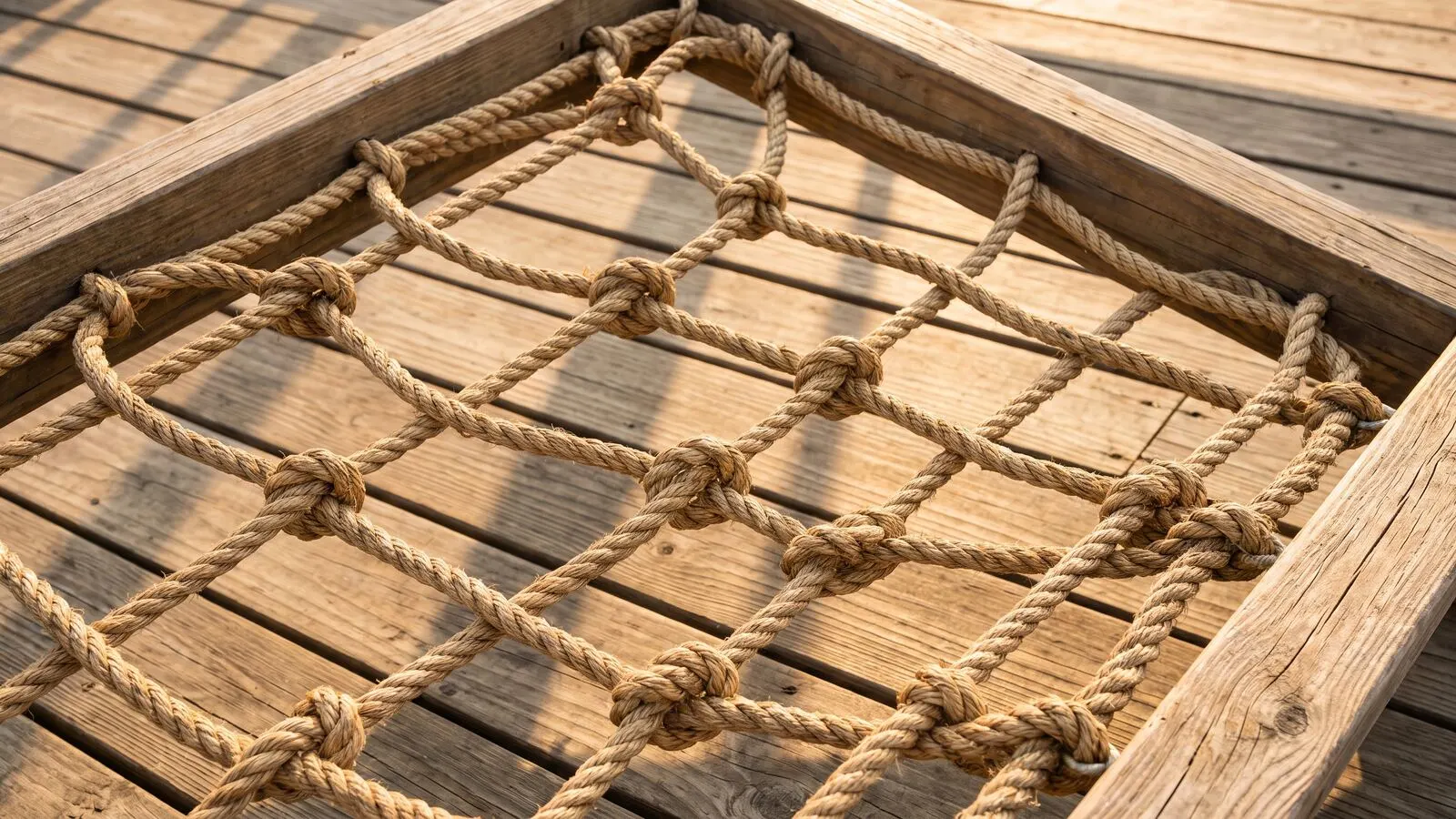 A strong rope safety net stretched taut, seen from above in warm light