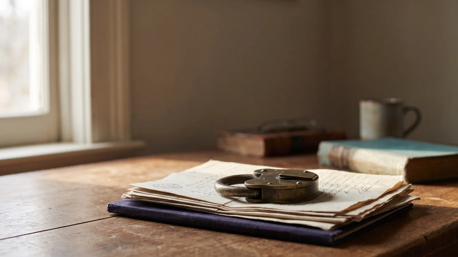 An antique brass padlock resting on papers