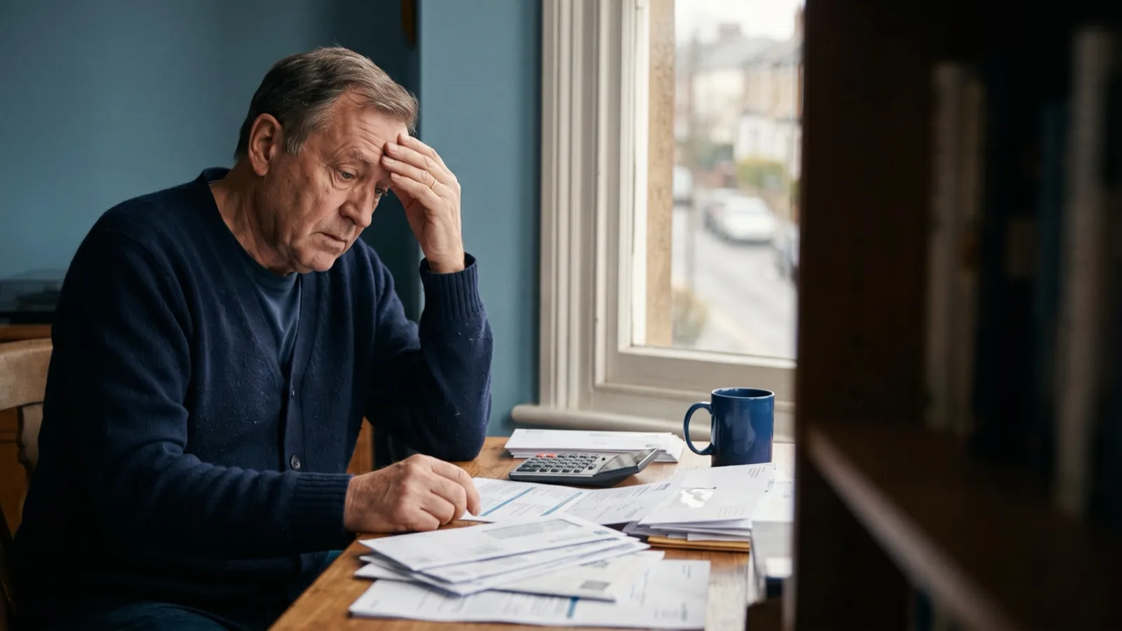 A concerned man reviewing tax statements at a desk