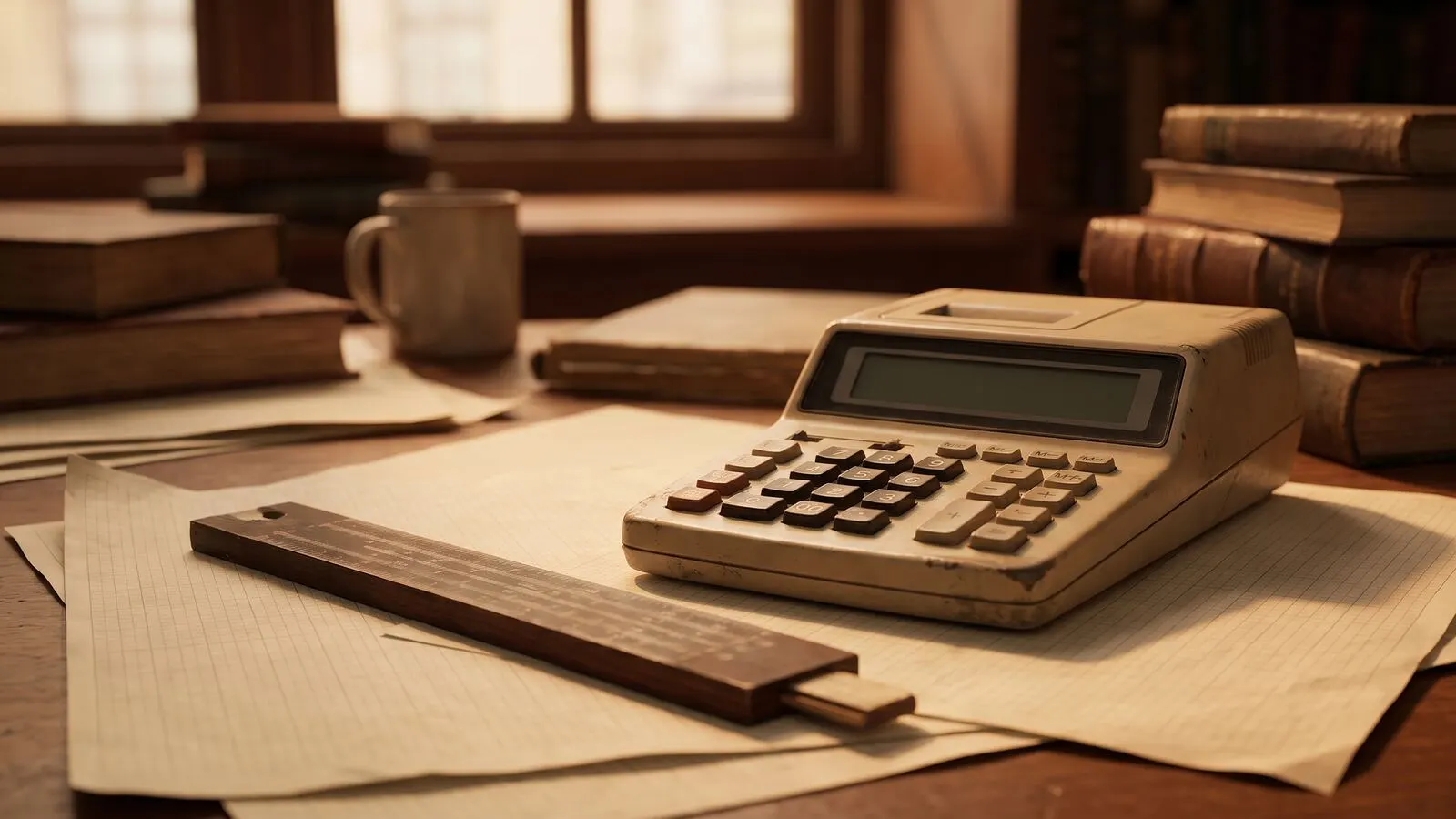 An old desktop calculator and a slide rule resting on sheets of graph paper