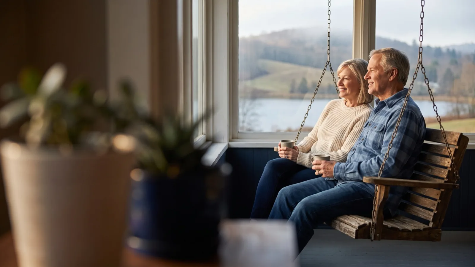 A retired couple relaxing on a porch