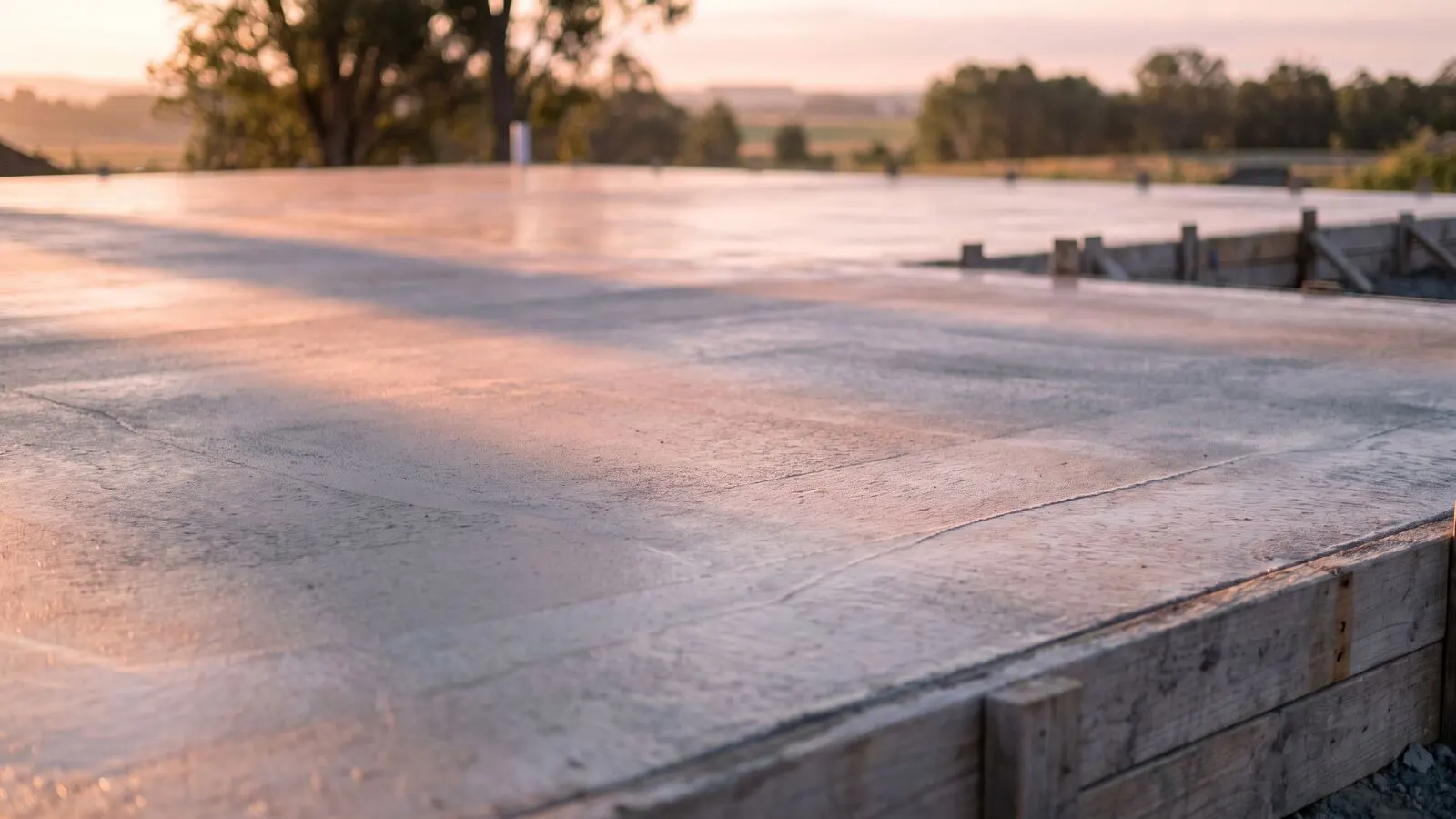 The poured concrete foundation of a new house at sunrise