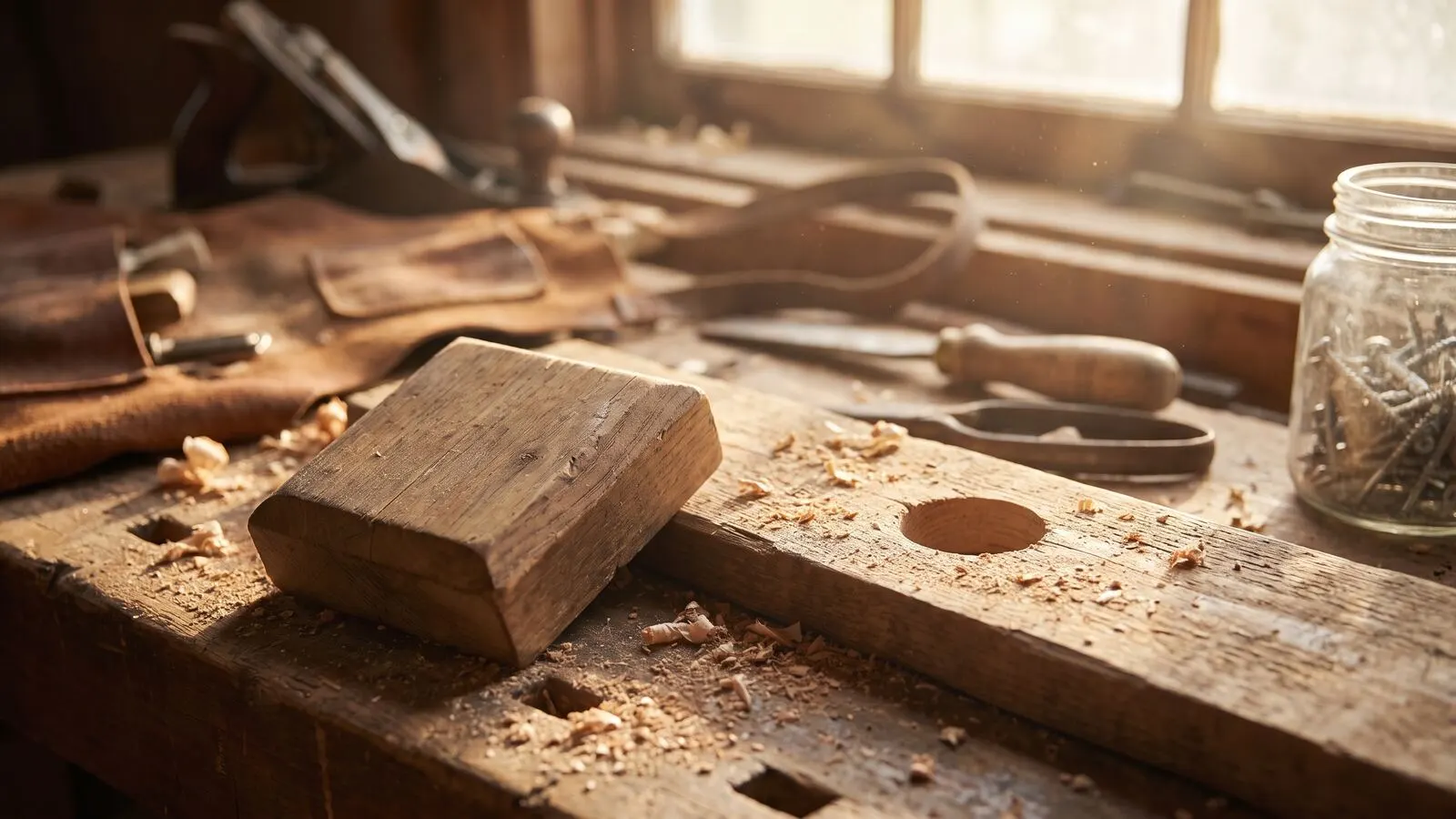 A square wooden peg beside a round hole on a carpenter's workbench