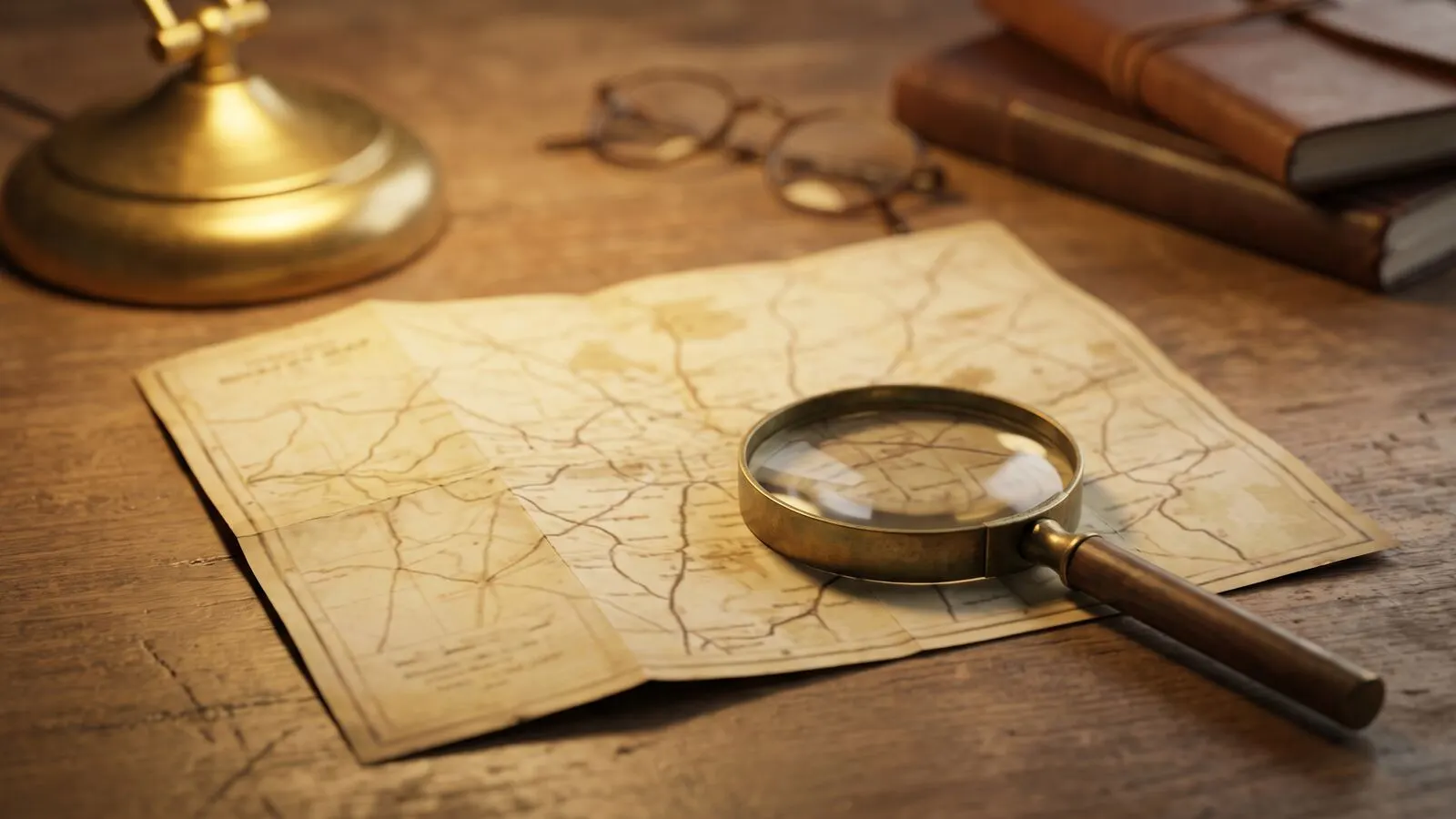 A vintage road map of the United States with a magnifying glass resting on it