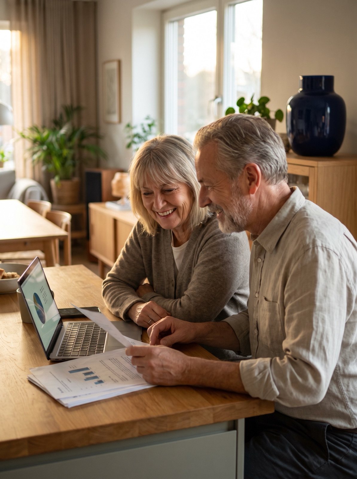 A couple in their late sixties reviewing their retirement documents together at their kitchen table.